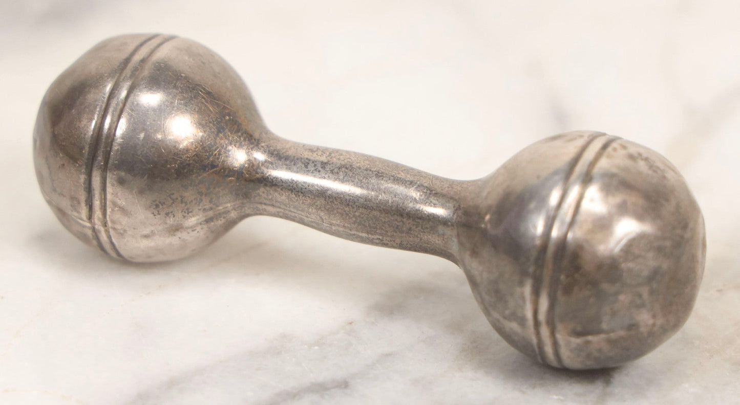 Lot 048 - Vintage Sterling Silver Barbell-Style Baby Rattle, Hallmarked And Marked “Sterling," 3-1/4" L