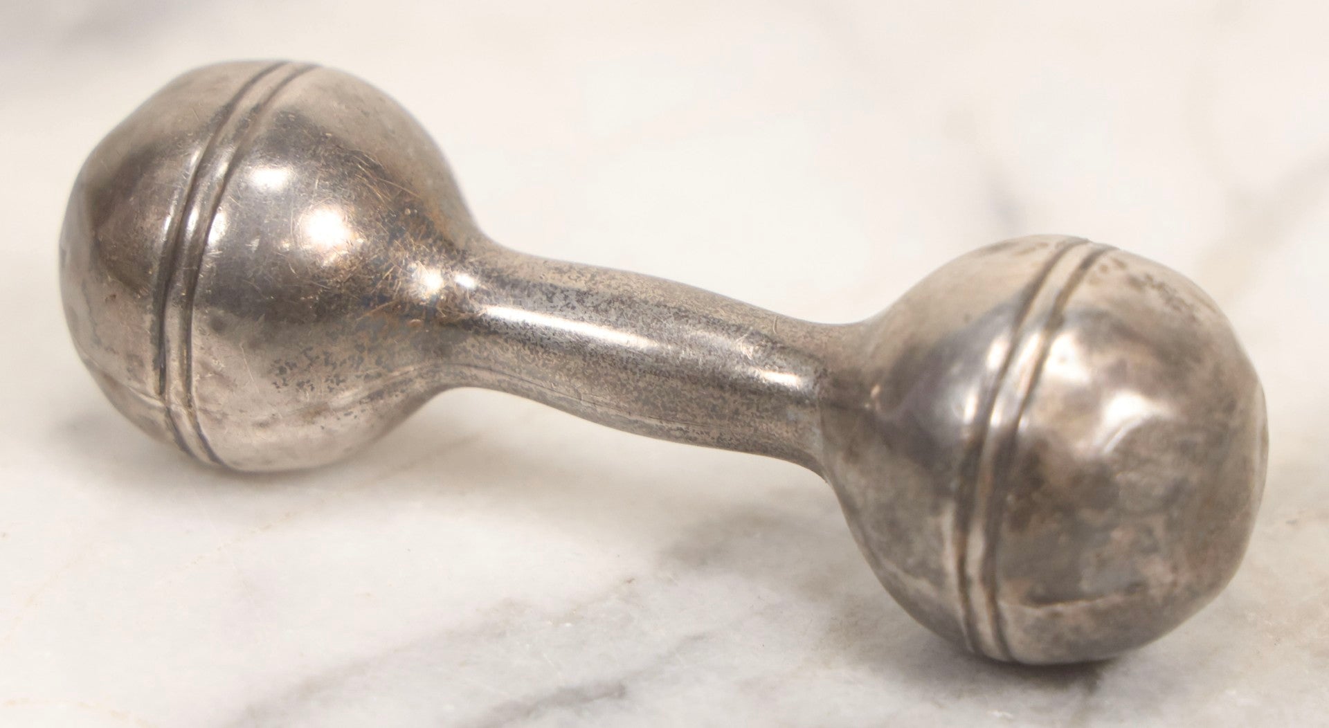 Lot 048 - Vintage Sterling Silver Barbell-Style Baby Rattle, Hallmarked And Marked “Sterling," 3-1/4" L