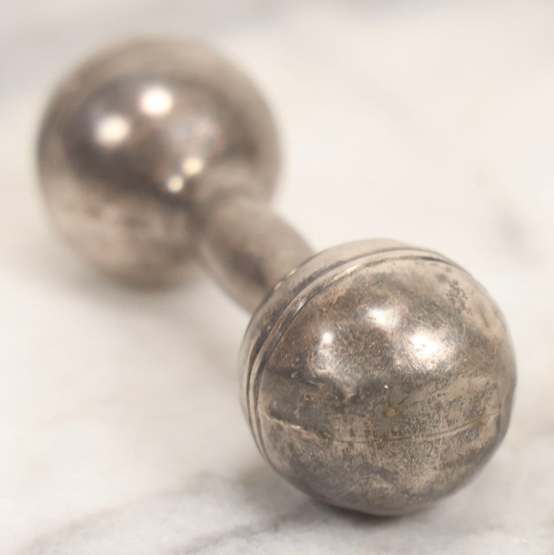 Lot 048 - Vintage Sterling Silver Barbell-Style Baby Rattle, Hallmarked And Marked “Sterling," 3-1/4" L