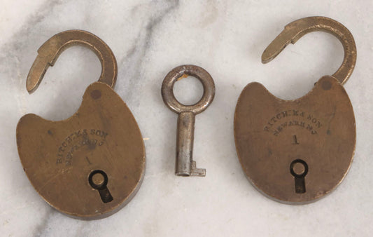 Lot 049 - Pair Of Vintage Miniature Brass Padlocks By Ritchie & Son, Newark, New Jersey, With One Working Key