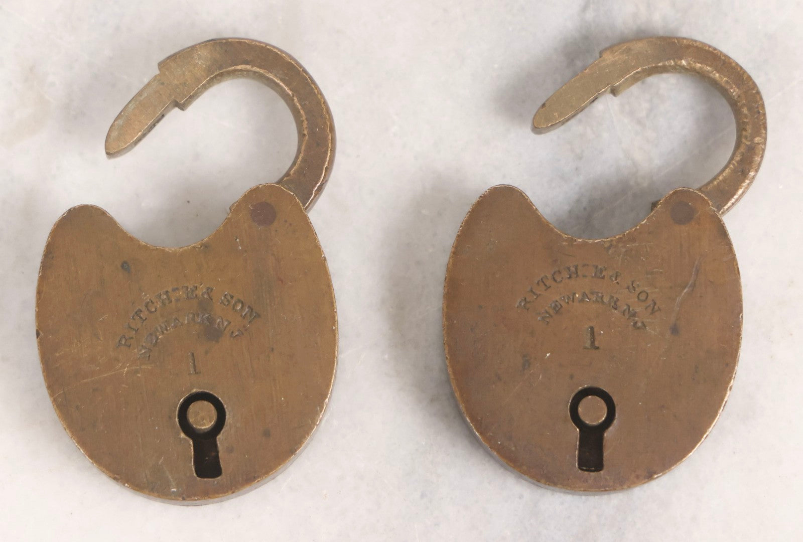 Lot 049 - Pair Of Vintage Miniature Brass Padlocks By Ritchie & Son, Newark, New Jersey, With One Working Key