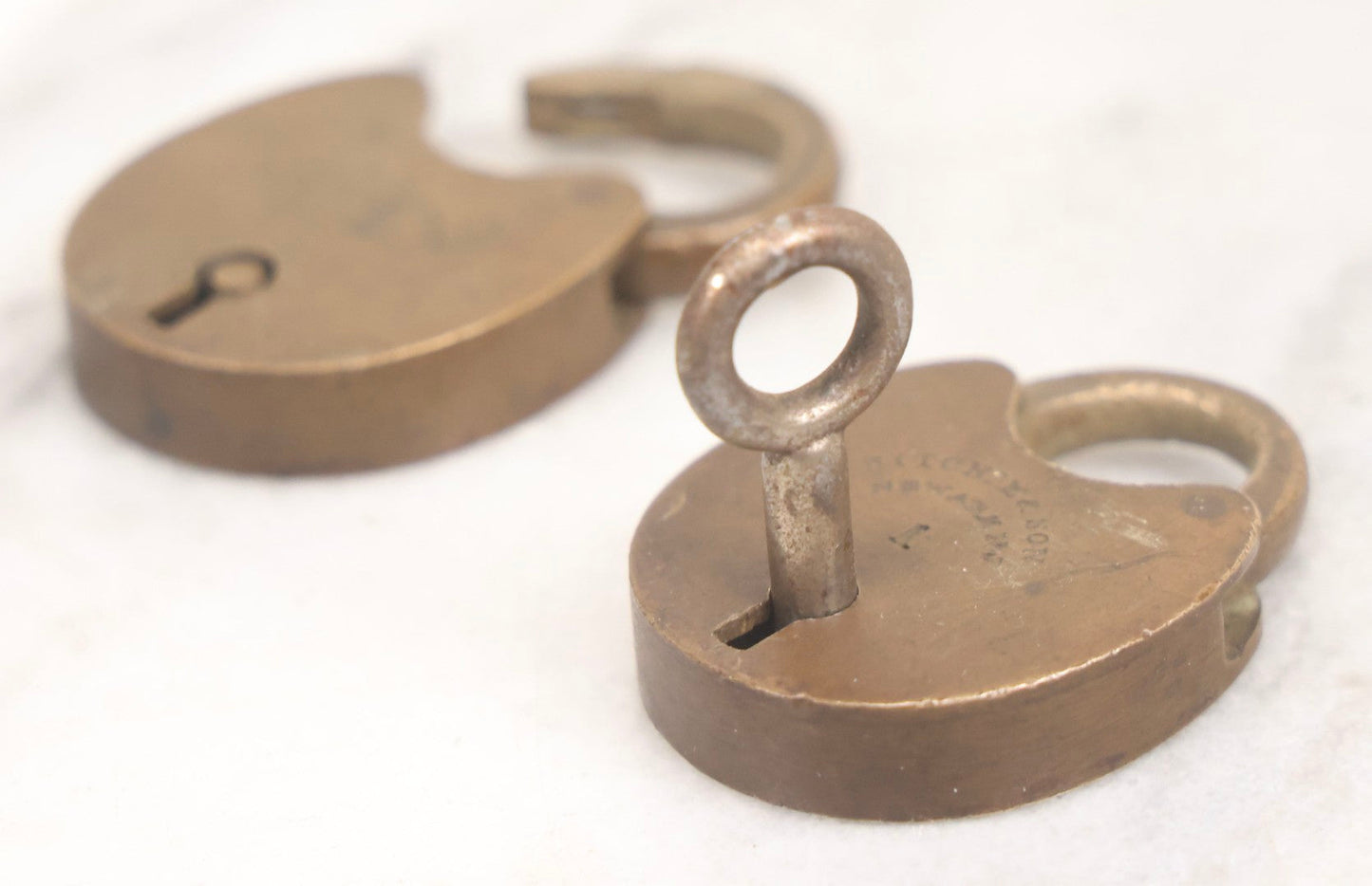 Lot 049 - Pair Of Vintage Miniature Brass Padlocks By Ritchie & Son, Newark, New Jersey, With One Working Key