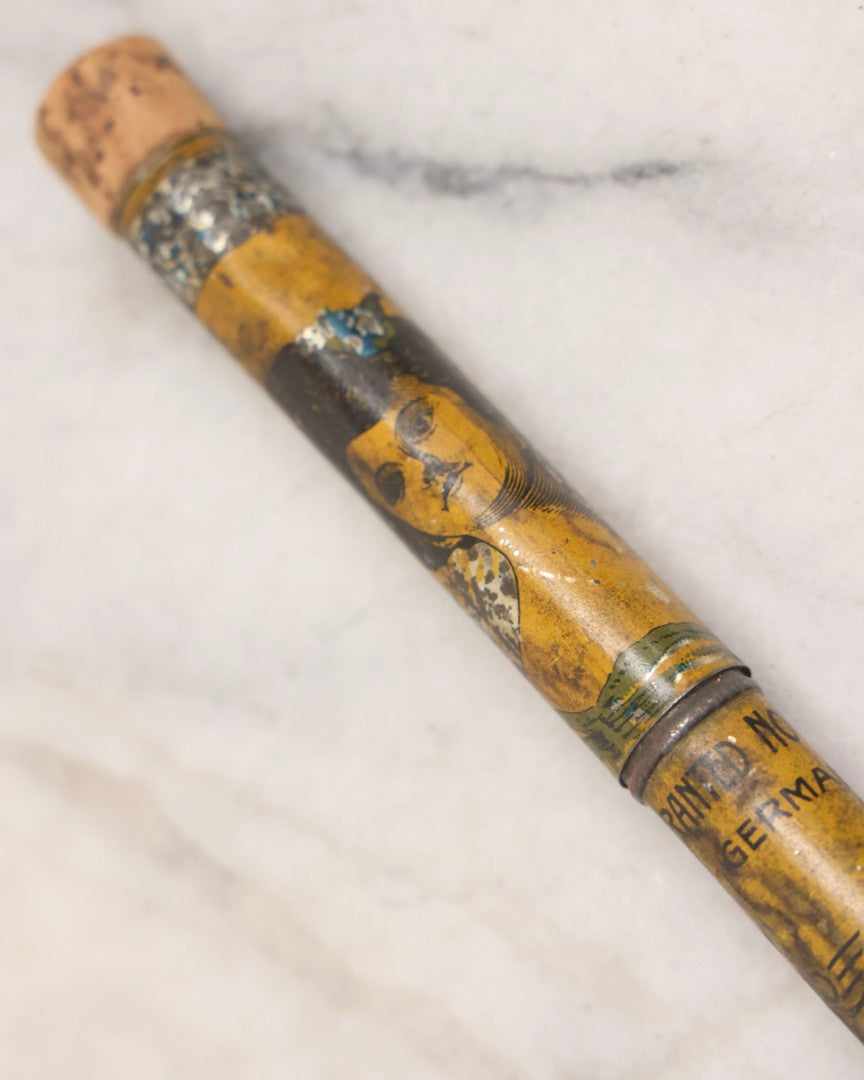 Lot 054 - Antique Gloria Brand Highly Tempered Steel Knitting Pins In Original Tin Lithograph Tube With Woman's Face Motif, Made In Germany, 9-3/4" L