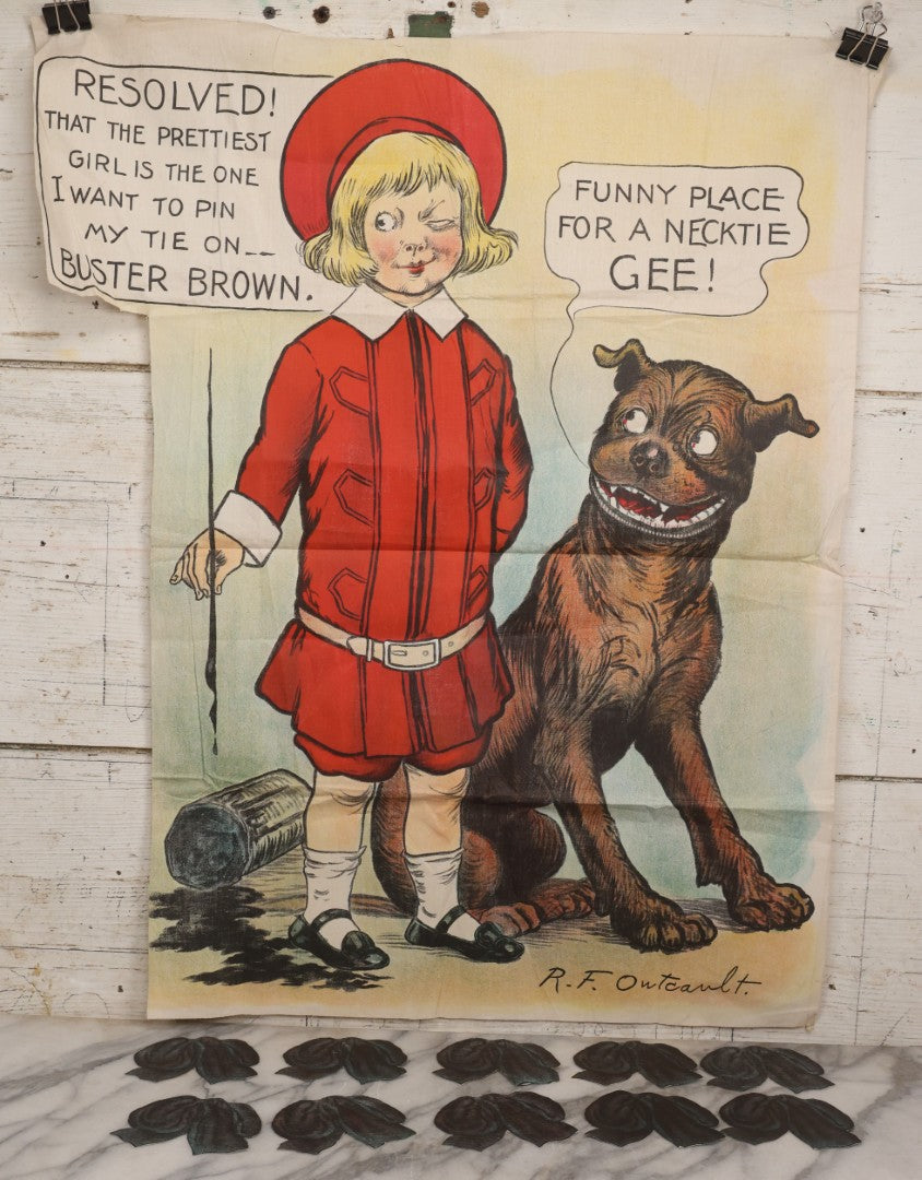 Lot 056 - Antique Linen Buster Brown Necktie Party Game By R. F. Outcault With Ten Bowties, Buster Brown Shoes Advertising