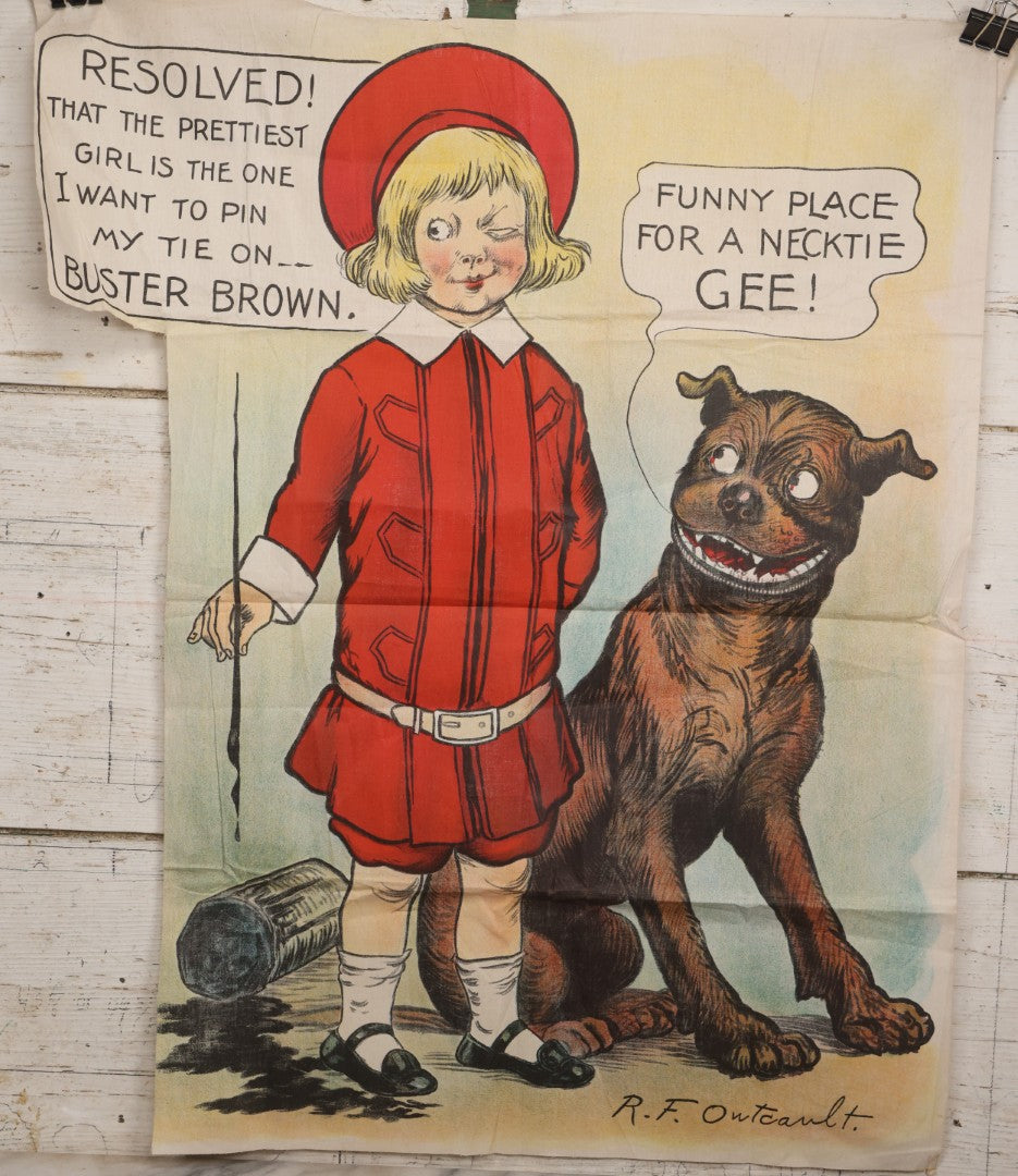 Lot 056 - Antique Linen Buster Brown Necktie Party Game By R. F. Outcault With Ten Bowties, Buster Brown Shoes Advertising
