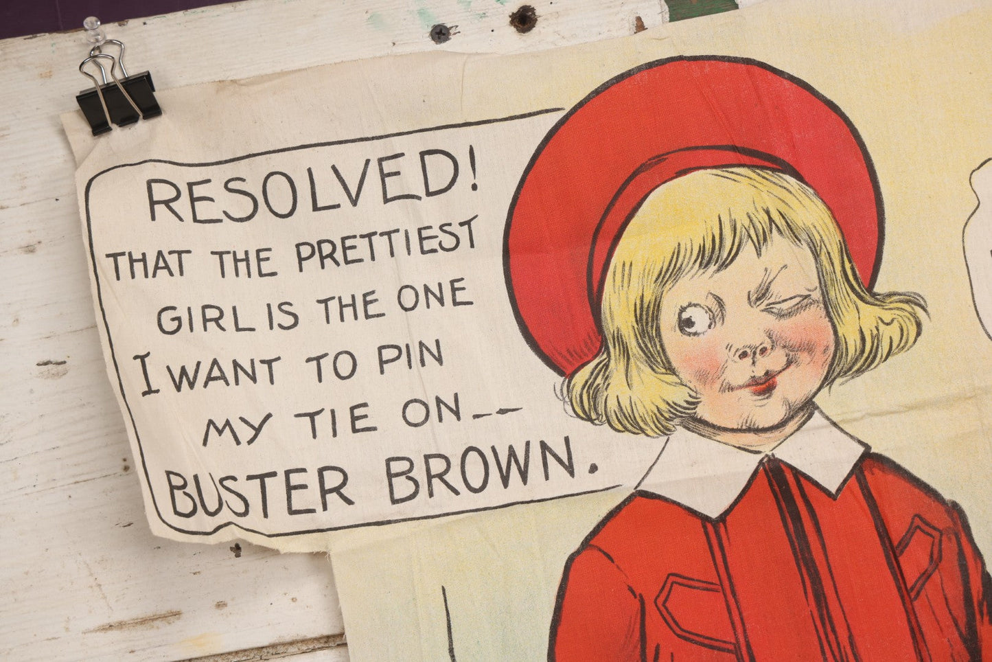 Lot 056 - Antique Linen Buster Brown Necktie Party Game By R. F. Outcault With Ten Bowties, Buster Brown Shoes Advertising