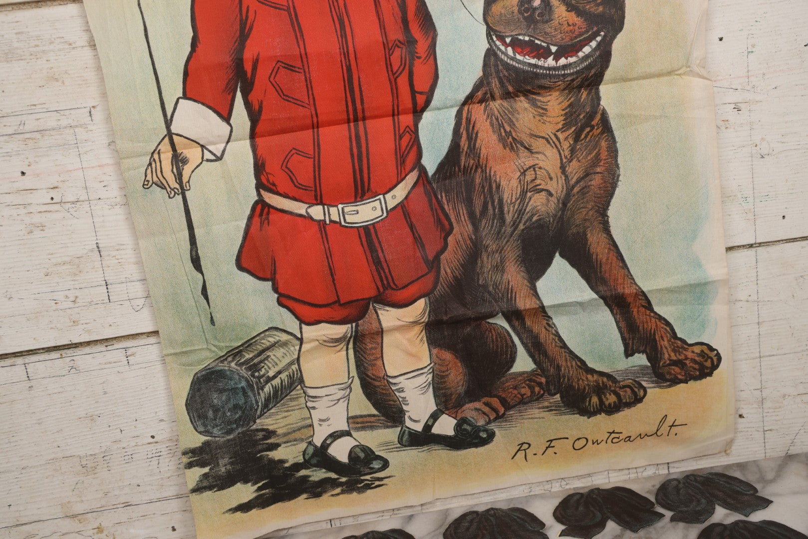 Lot 056 - Antique Linen Buster Brown Necktie Party Game By R. F. Outcault With Ten Bowties, Buster Brown Shoes Advertising