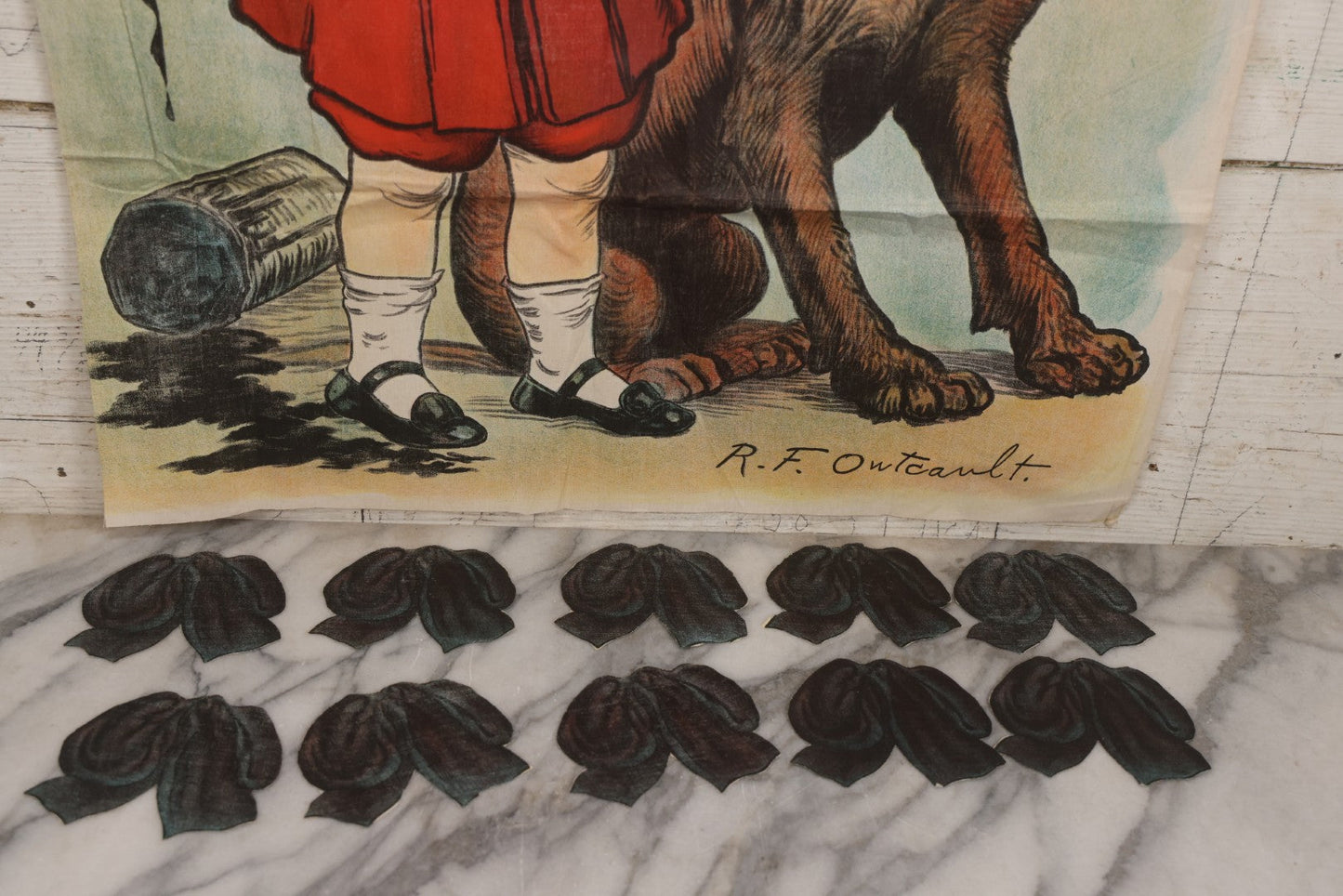 Lot 056 - Antique Linen Buster Brown Necktie Party Game By R. F. Outcault With Ten Bowties, Buster Brown Shoes Advertising