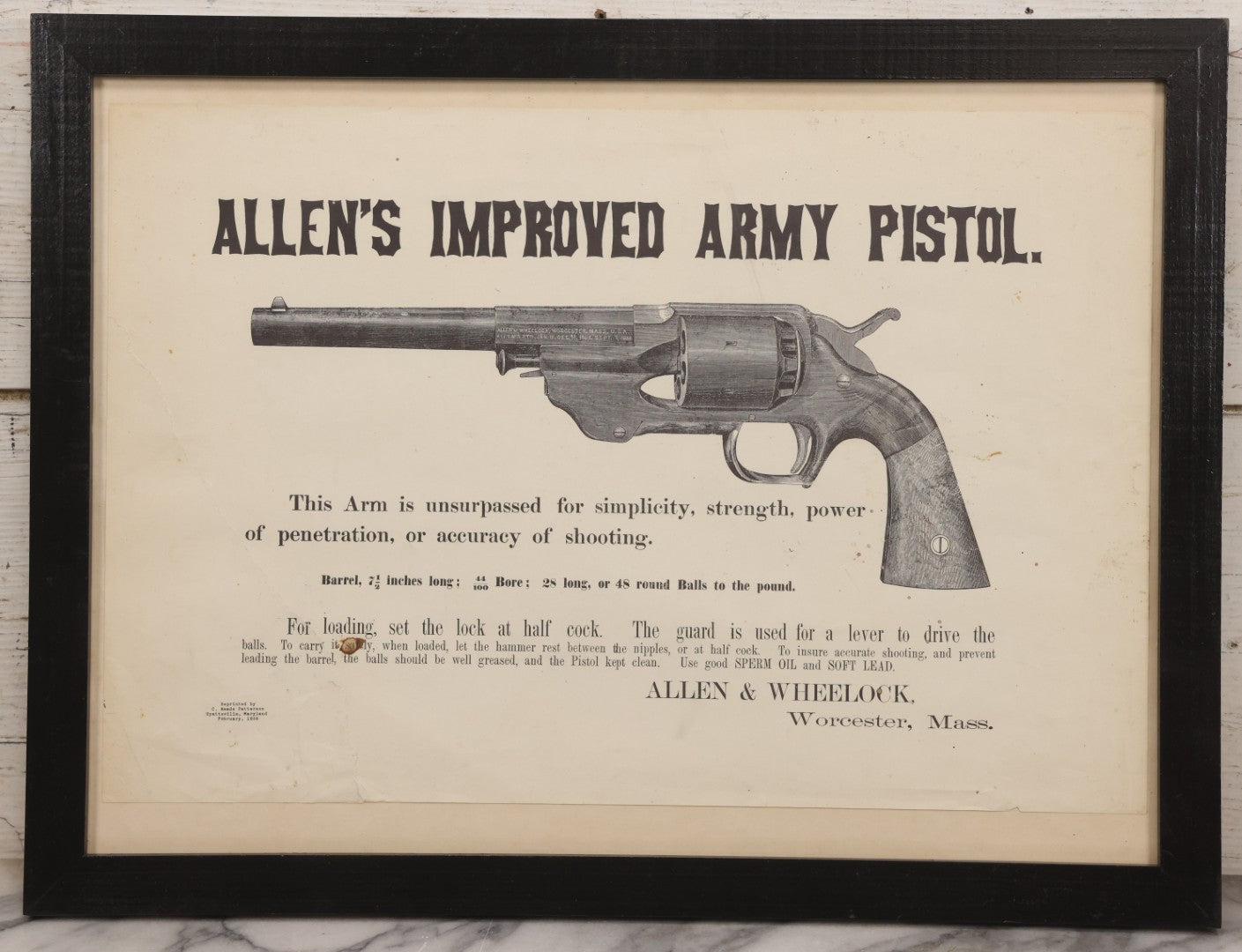 Lot 058 - Vintage Facsimile Reproduction Advertising Broadside For “Allen's Improved Army Pistol,” Re-Printed By C. Meade Paterson, 1959, In Modern Frame, 20-1/2" x 15-1/2"