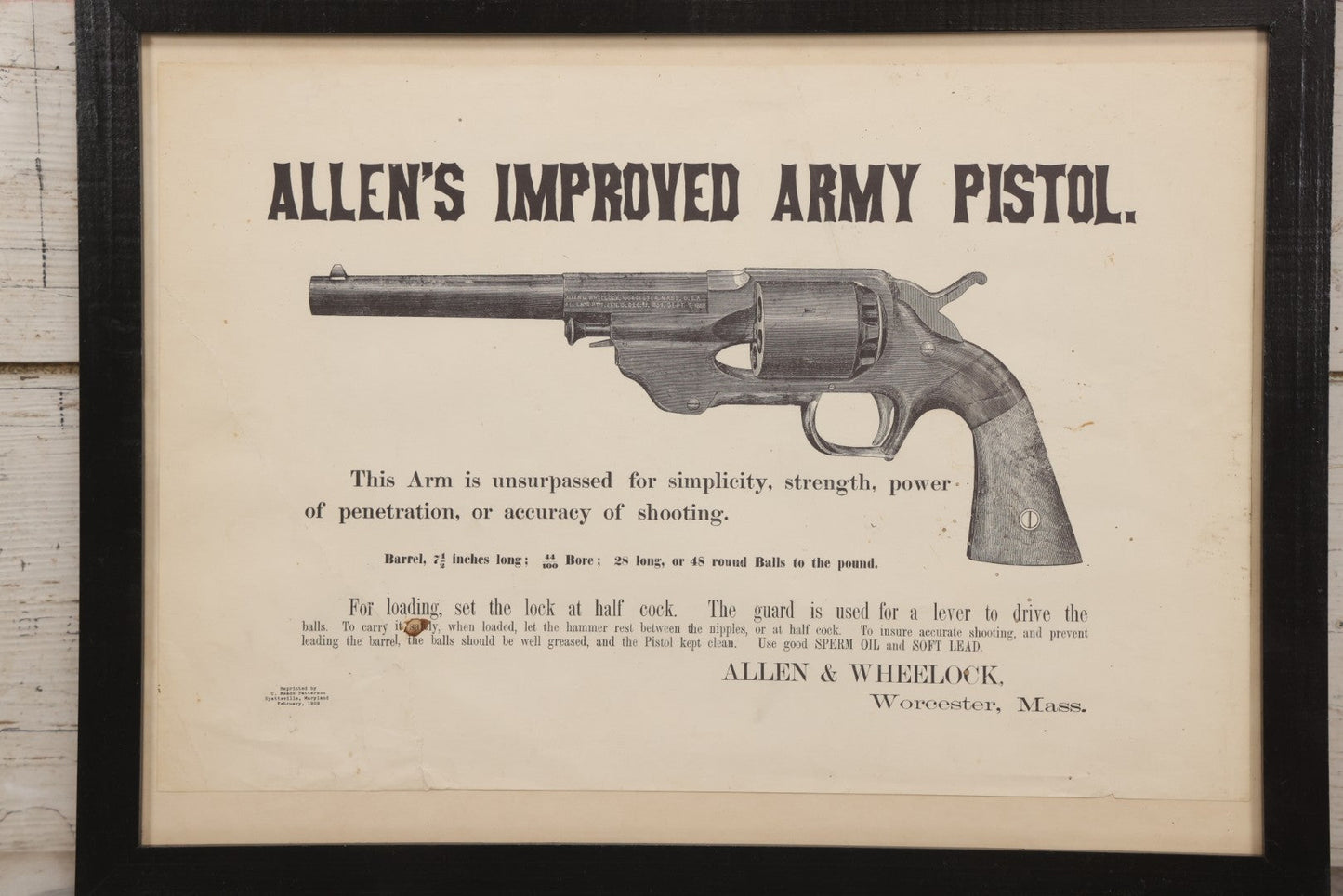 Lot 058 - Vintage Facsimile Reproduction Advertising Broadside For “Allen's Improved Army Pistol,” Re-Printed By C. Meade Paterson, 1959, In Modern Frame, 20-1/2" x 15-1/2"