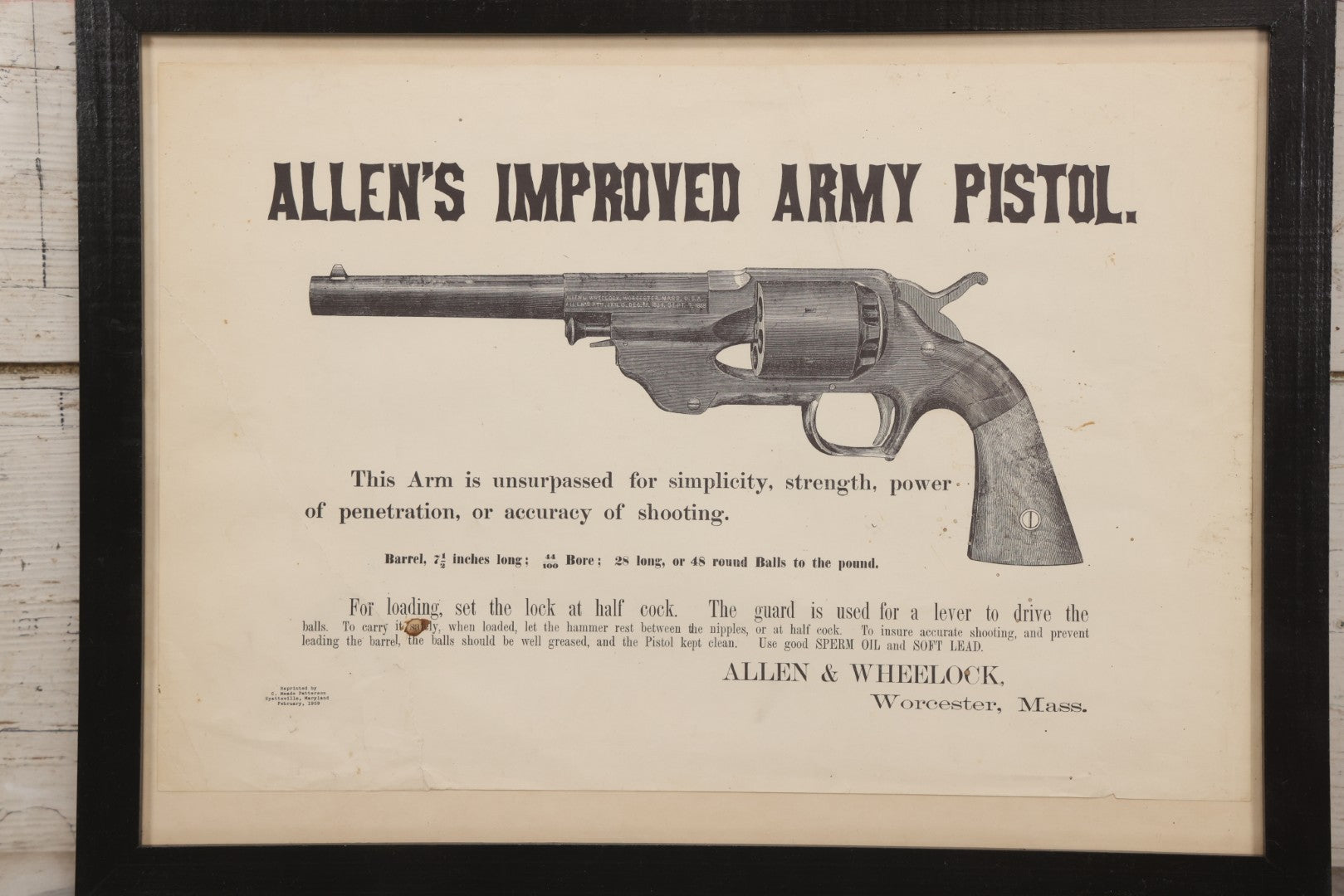 Lot 058 - Vintage Facsimile Reproduction Advertising Broadside For “Allen's Improved Army Pistol,” Re-Printed By C. Meade Paterson, 1959, In Modern Frame, 20-1/2" x 15-1/2"
