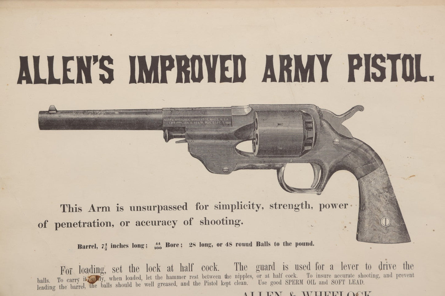Lot 058 - Vintage Facsimile Reproduction Advertising Broadside For “Allen's Improved Army Pistol,” Re-Printed By C. Meade Paterson, 1959, In Modern Frame, 20-1/2" x 15-1/2"