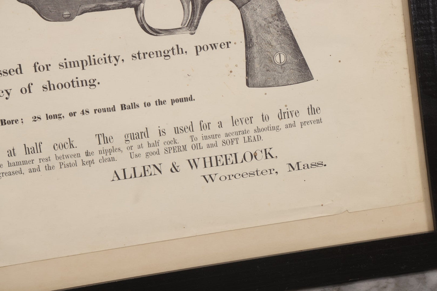 Lot 058 - Vintage Facsimile Reproduction Advertising Broadside For “Allen's Improved Army Pistol,” Re-Printed By C. Meade Paterson, 1959, In Modern Frame, 20-1/2" x 15-1/2"