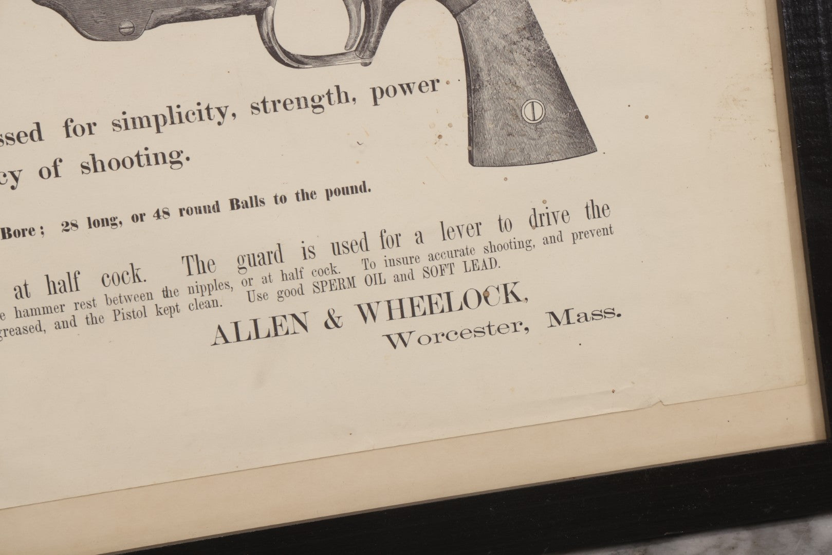 Lot 058 - Vintage Facsimile Reproduction Advertising Broadside For “Allen's Improved Army Pistol,” Re-Printed By C. Meade Paterson, 1959, In Modern Frame, 20-1/2" x 15-1/2"