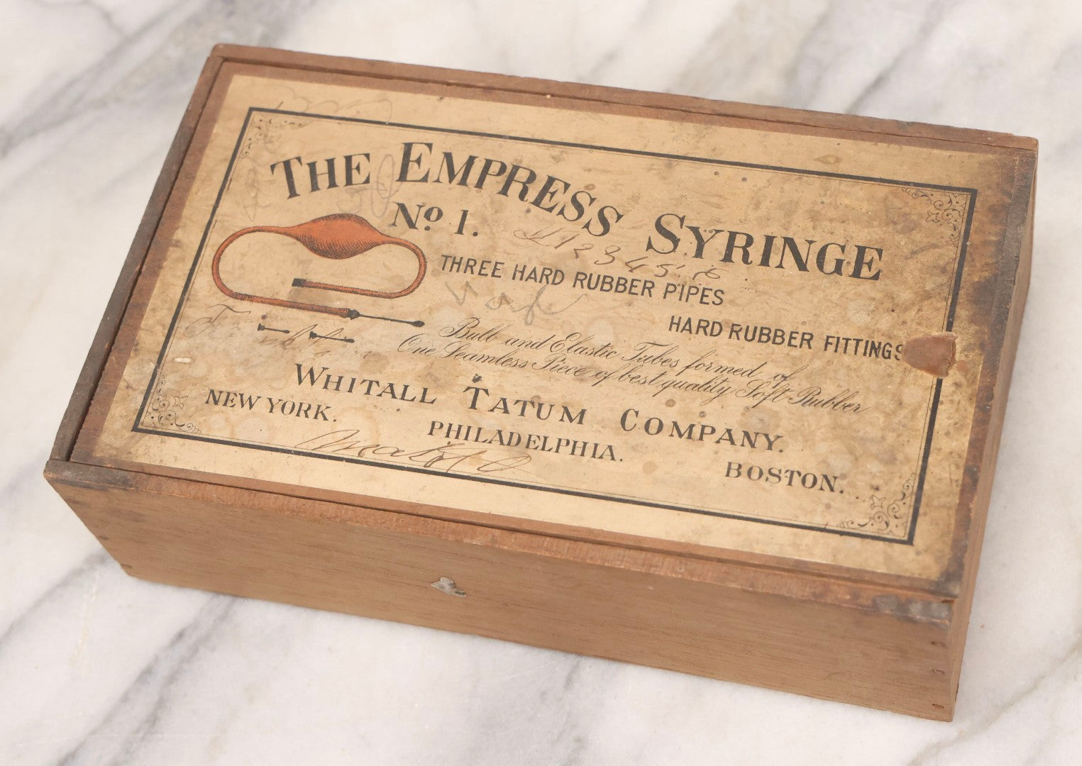 Lot 062 - Antique Wooden Slide-Top Box For The Empress Syringe No. 1 By Whitall Tatum Company With Paper Label, Stamped Germany