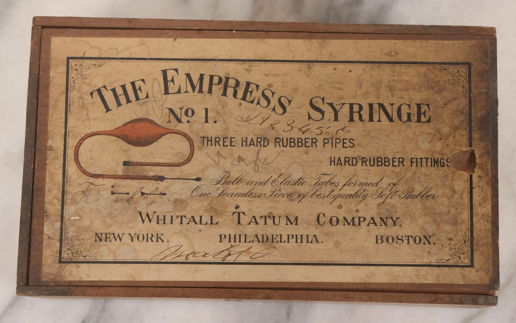 Lot 062 - Antique Wooden Slide-Top Box For The Empress Syringe No. 1 By Whitall Tatum Company With Paper Label, Stamped Germany