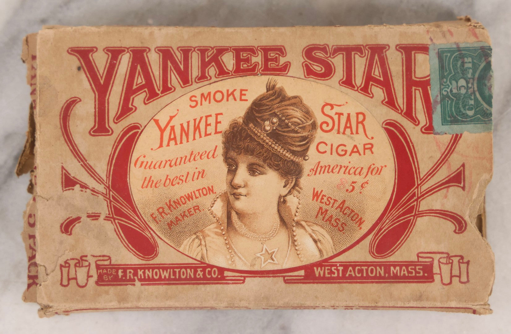 Lot 063 - Antique New Old Stock N.O.S. Yankee Star Cigars Five-Pack Box With Woman Motif, F. R. Knowlton & Co., West Acton, Massachusetts
