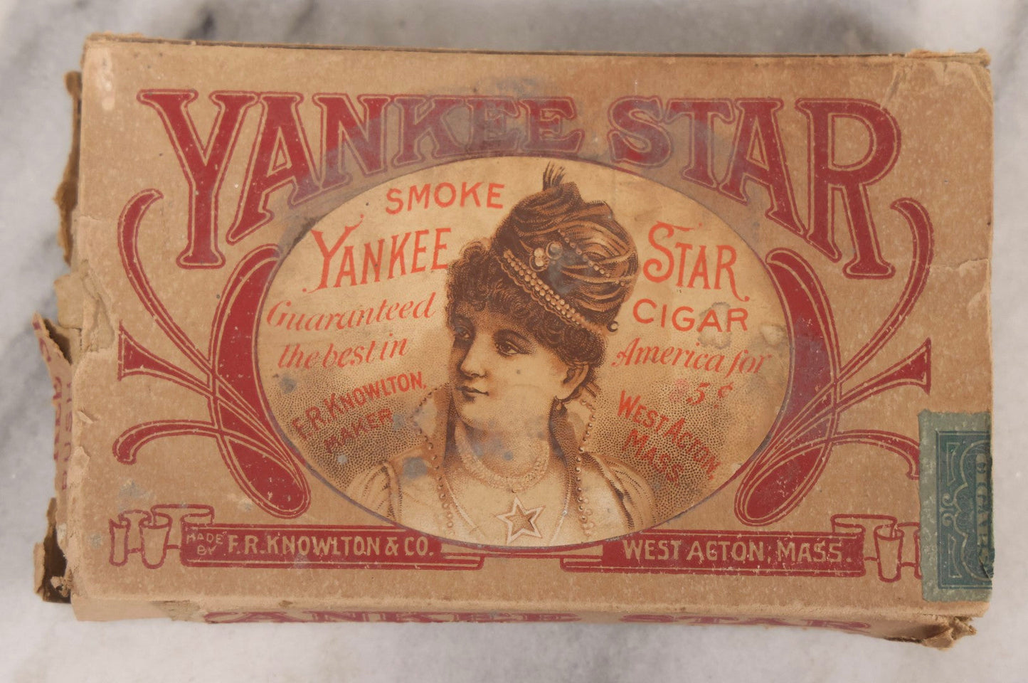 Lot 063 - Antique New Old Stock N.O.S. Yankee Star Cigars Five-Pack Box With Woman Motif, F. R. Knowlton & Co., West Acton, Massachusetts