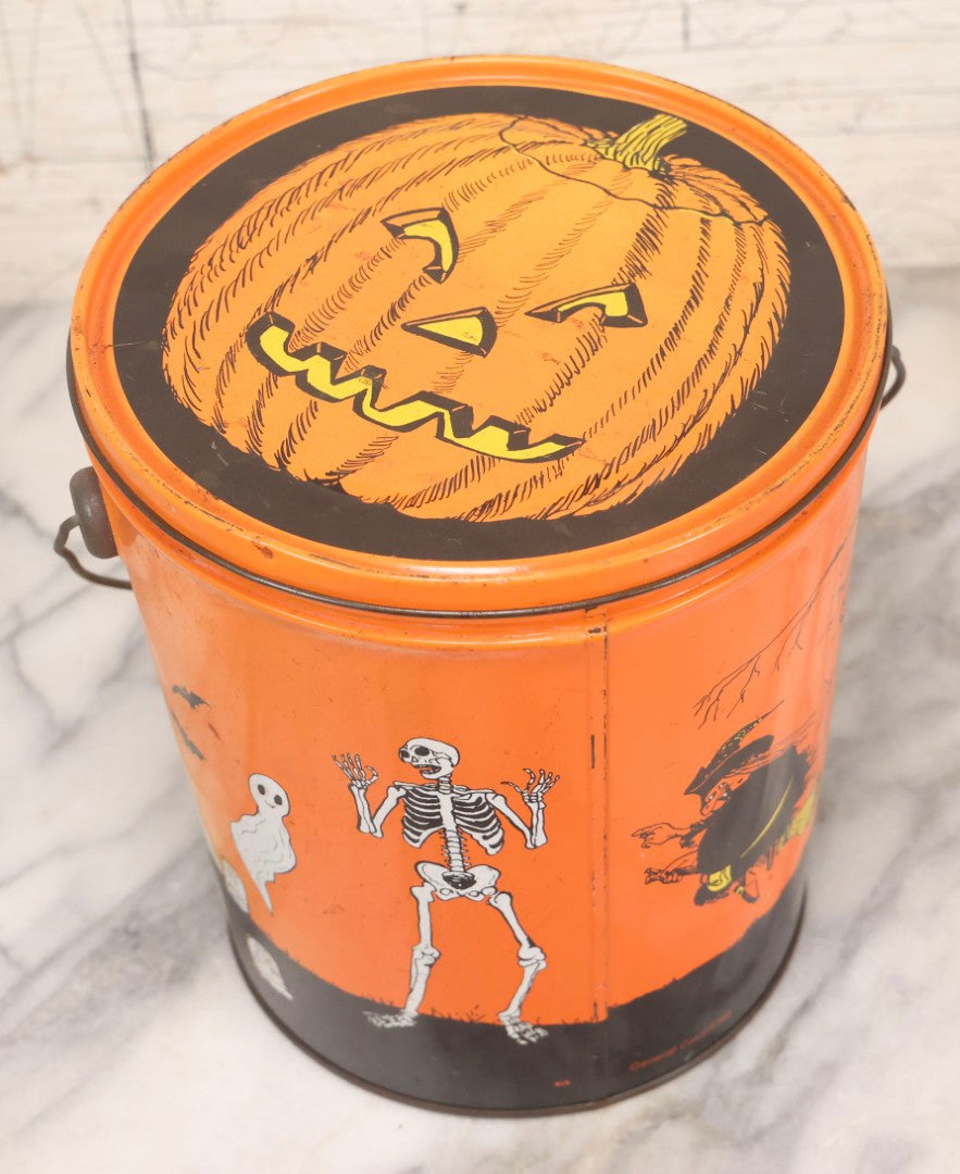 Lot 064 - Vintage Tin Lithograph Halloween Can Bucket With Ghosts, Skeleton, Witch, Jack-O-Lantern, And Haunted House, Copyright General Can Co. Inc., 1982, Montebello, California, 8-3/8" H