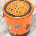 Lot 064 - Vintage Tin Lithograph Halloween Can Bucket With Ghosts, Skeleton, Witch, Jack-O-Lantern, And Haunted House, Copyright General Can Co. Inc., 1982, Montebello, California, 8-3/8" H