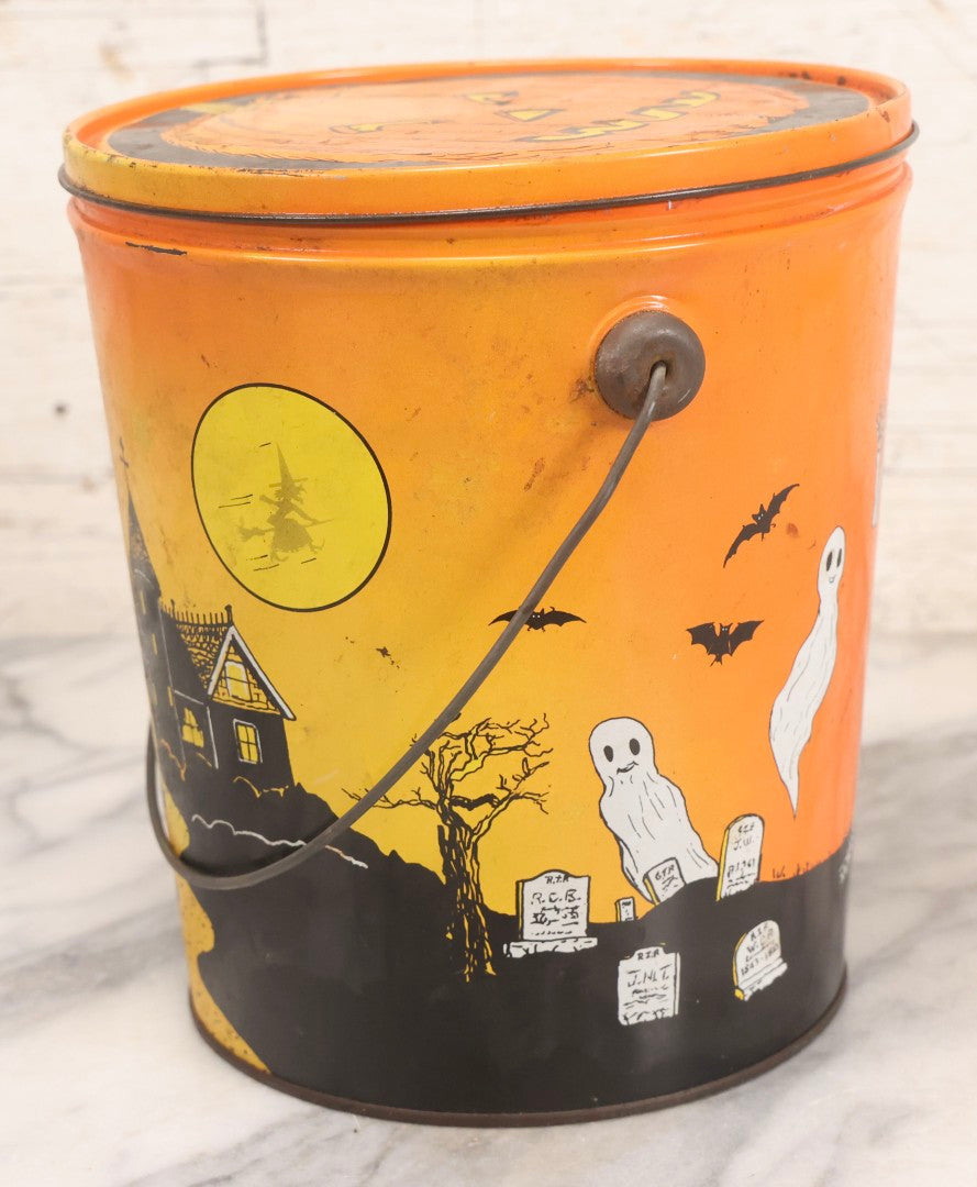 Lot 064 - Vintage Tin Lithograph Halloween Can Bucket With Ghosts, Skeleton, Witch, Jack-O-Lantern, And Haunted House, Copyright General Can Co. Inc., 1982, Montebello, California, 8-3/8" H