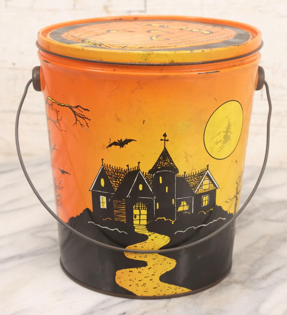 Lot 064 - Vintage Tin Lithograph Halloween Can Bucket With Ghosts, Skeleton, Witch, Jack-O-Lantern, And Haunted House, Copyright General Can Co. Inc., 1982, Montebello, California, 8-3/8" H