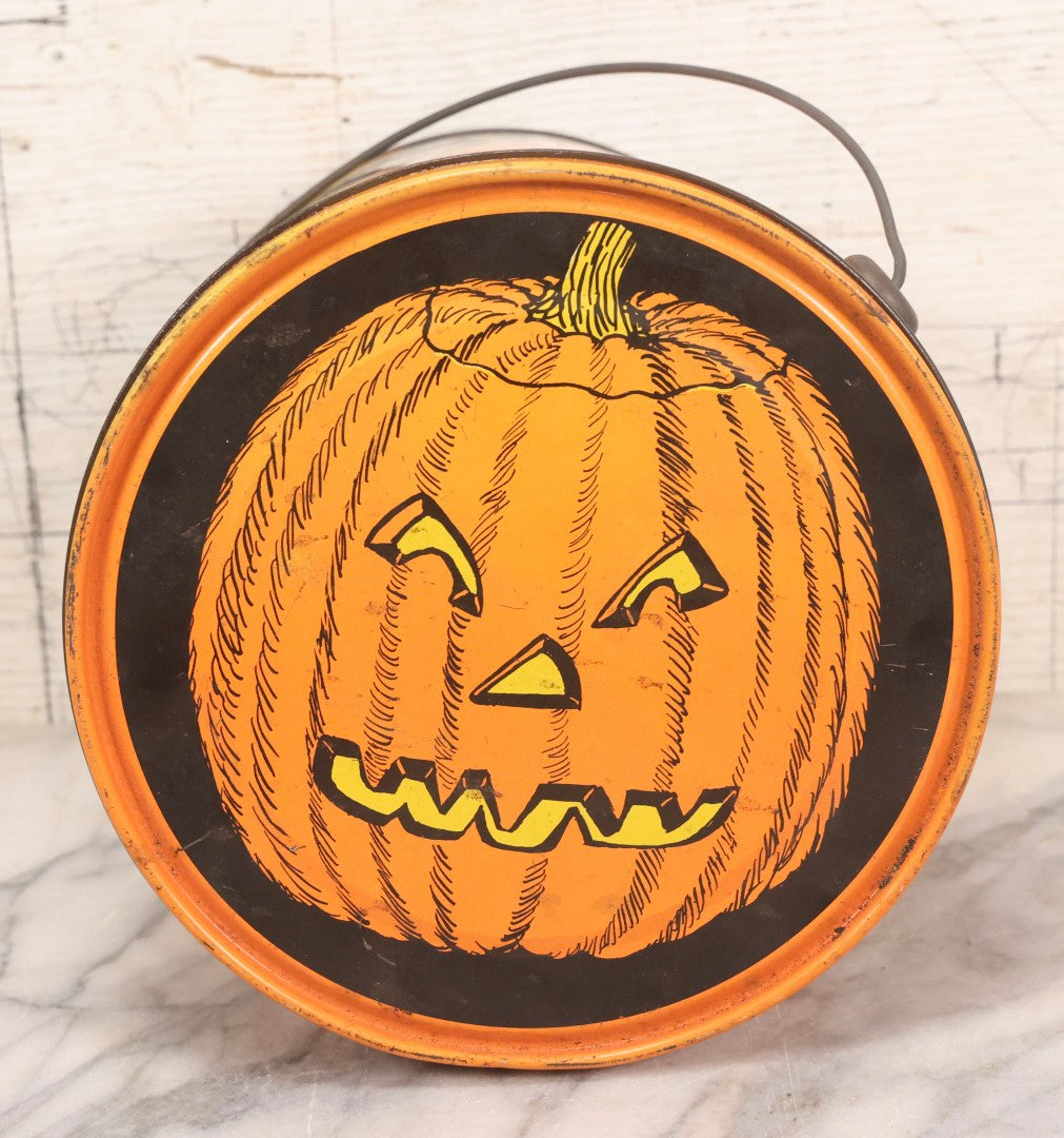 Lot 064 - Vintage Tin Lithograph Halloween Can Bucket With Ghosts, Skeleton, Witch, Jack-O-Lantern, And Haunted House, Copyright General Can Co. Inc., 1982, Montebello, California, 8-3/8" H