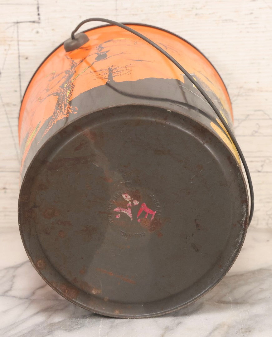 Lot 064 - Vintage Tin Lithograph Halloween Can Bucket With Ghosts, Skeleton, Witch, Jack-O-Lantern, And Haunted House, Copyright General Can Co. Inc., 1982, Montebello, California, 8-3/8" H