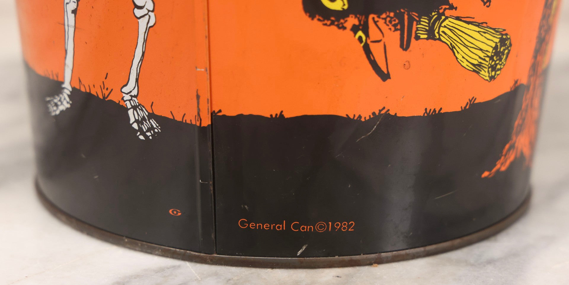 Lot 064 - Vintage Tin Lithograph Halloween Can Bucket With Ghosts, Skeleton, Witch, Jack-O-Lantern, And Haunted House, Copyright General Can Co. Inc., 1982, Montebello, California, 8-3/8" H