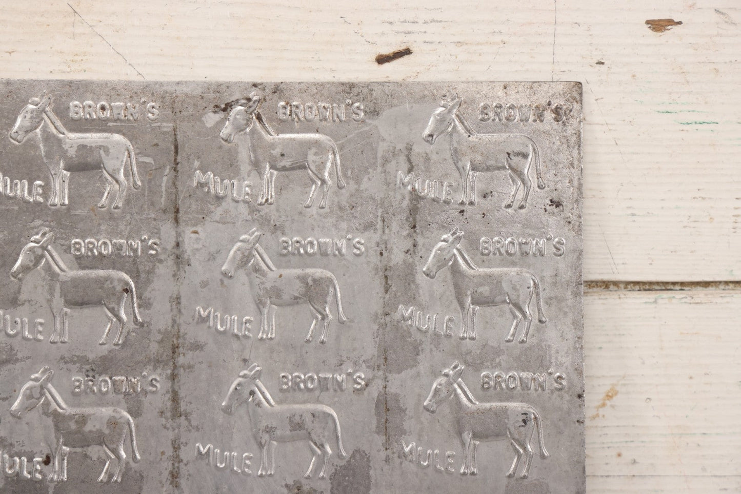 Lot 066 - Antique Tin Square Printing Plate With Repeating “Brown's Mule” Advertising And Mule Graphic