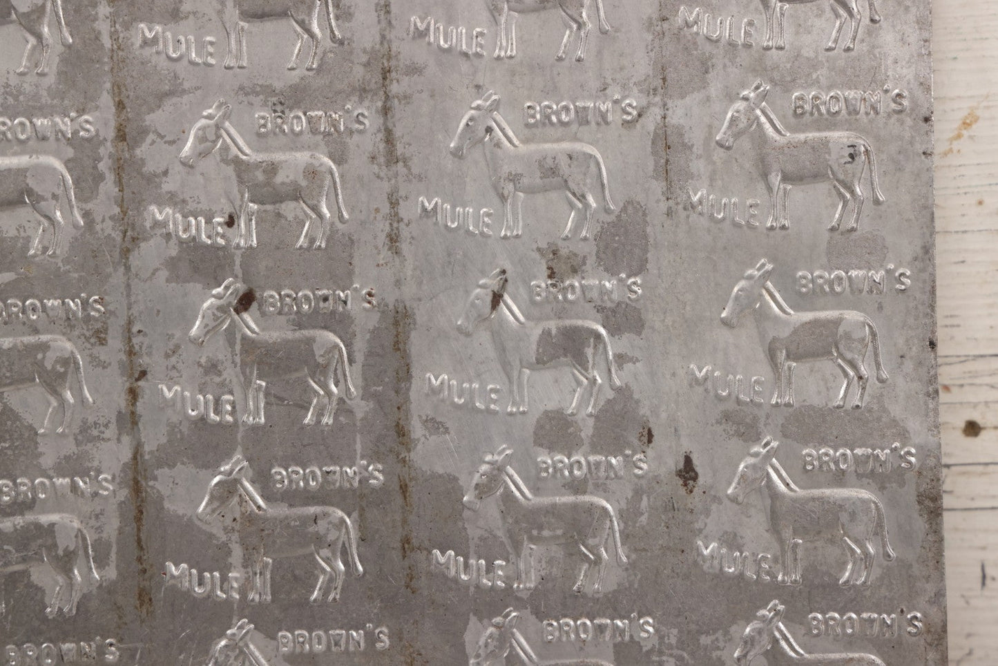 Lot 066 - Antique Tin Square Printing Plate With Repeating “Brown's Mule” Advertising And Mule Graphic