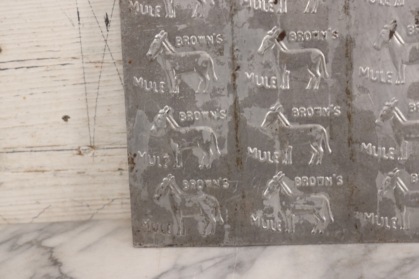 Lot 066 - Antique Tin Square Printing Plate With Repeating “Brown's Mule” Advertising And Mule Graphic