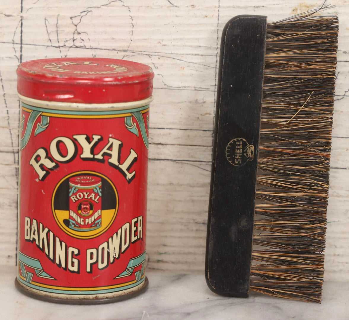 Lot 068 - Pair Of Vintage Advertising Pieces, Including 1938 Royal Baking Powder Tin And Shell Bristle Brush