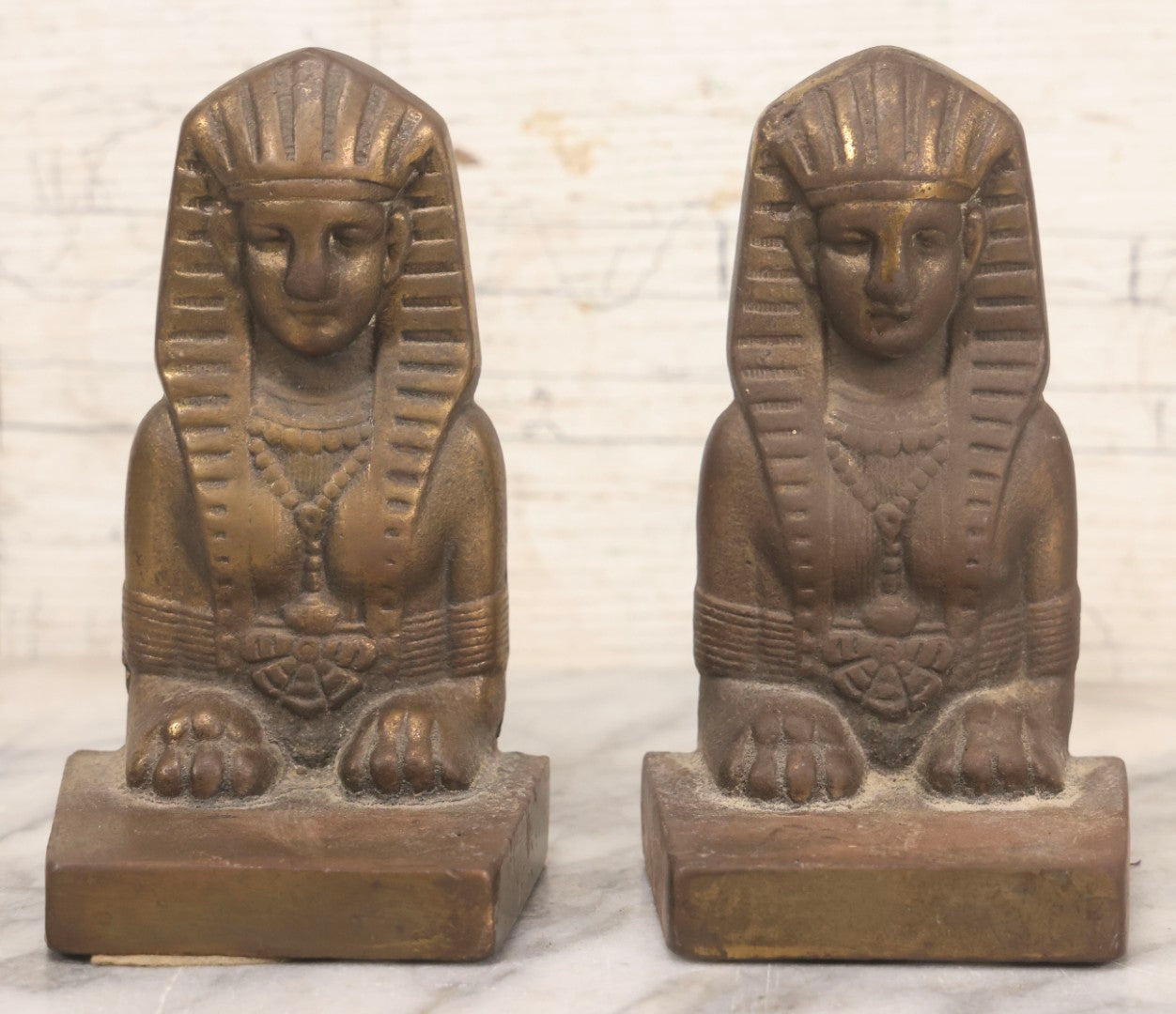 Lot 070 - Pair Of Antique Cast Iron Egyptian Revival Sphinx Form Bookends With Bronze Finish, 6" H Each