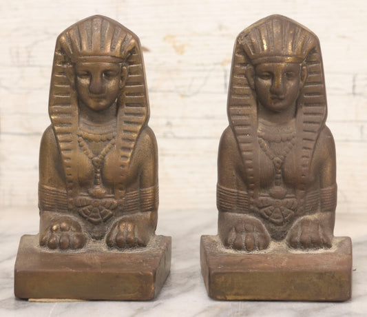 Lot 070 - Pair Of Antique Cast Iron Egyptian Revival Sphinx Form Bookends With Bronze Finish, 6" H Each