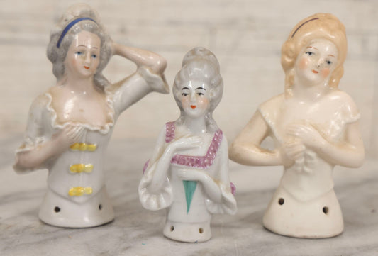 Lot 074 - Trio Of Vintage Porcelain Lady Brush Toppers, Two Marked Germany, 3-1/4" To 3-3/4" H