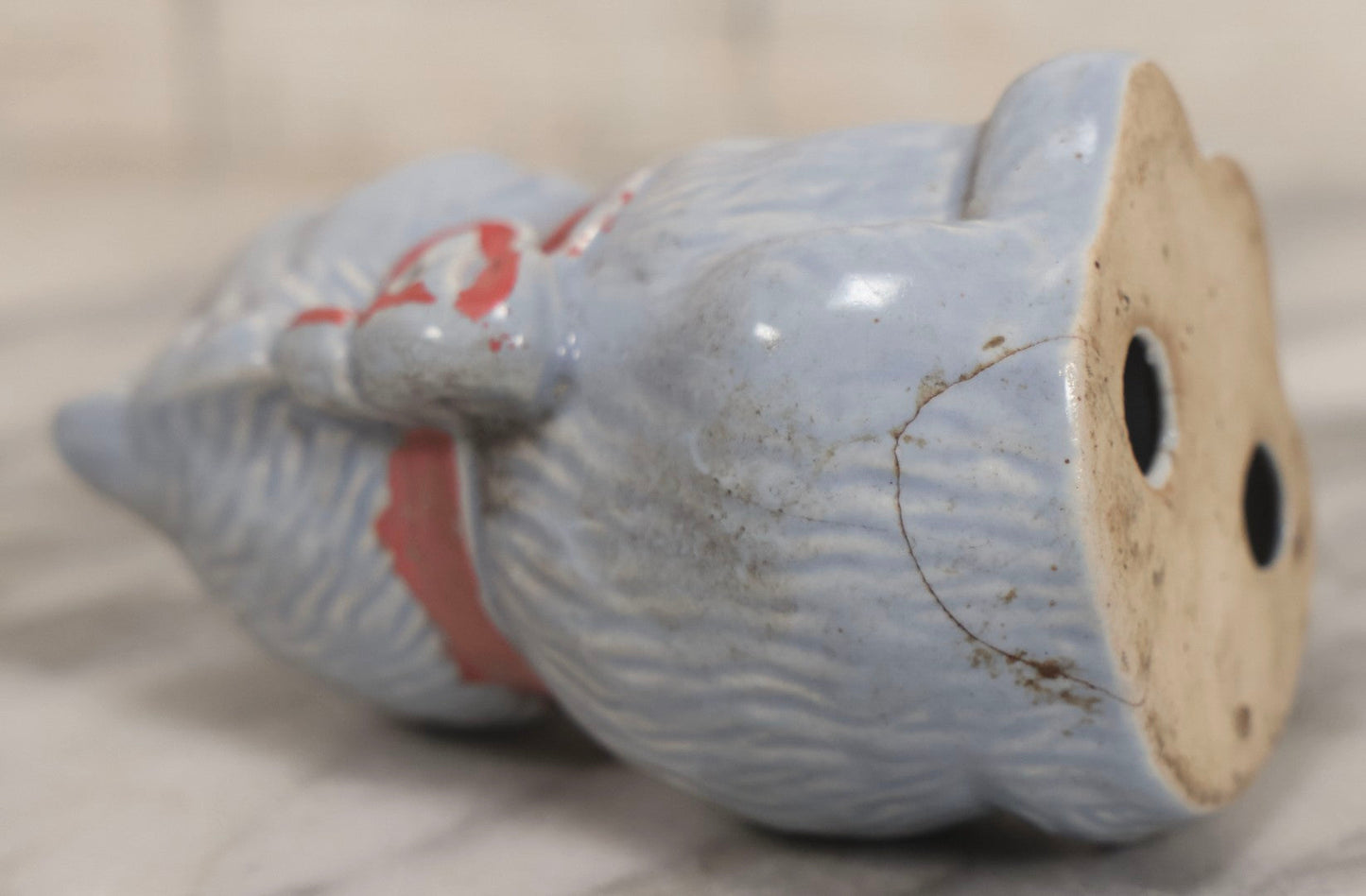 Lot 075 - Vintage Porcelain Hubley-Style Cat Still Bank With Blue Body, Red Eyes, And Red Bow, Note Damage, 4-1/2" H