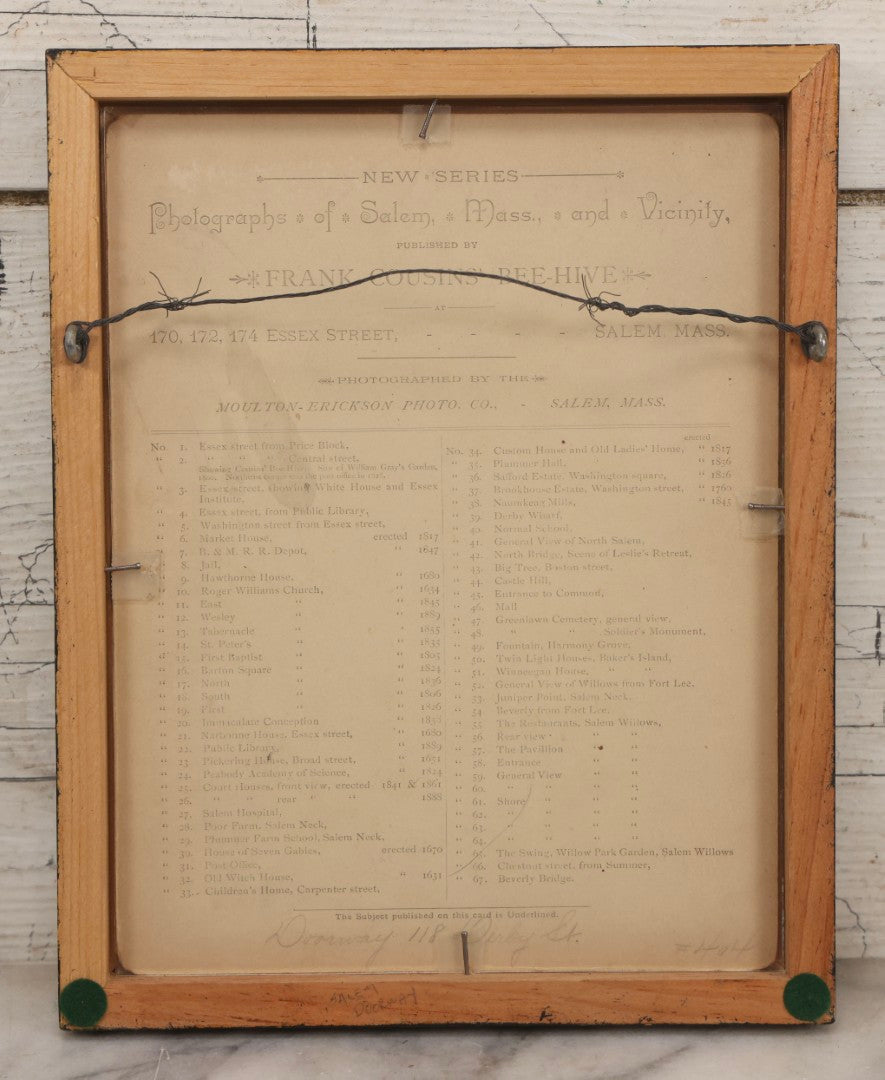 Lot 077 - Antique Photograph Of The Doorway Of 118 Derby Street, Salem, Massachusetts, Photographed By Moulton-Erickson Photo Co., Published By Frank Cousins' Bee-Hive, In Vintage Double-Glass Frame, 8-1/8" x 10-1/8"