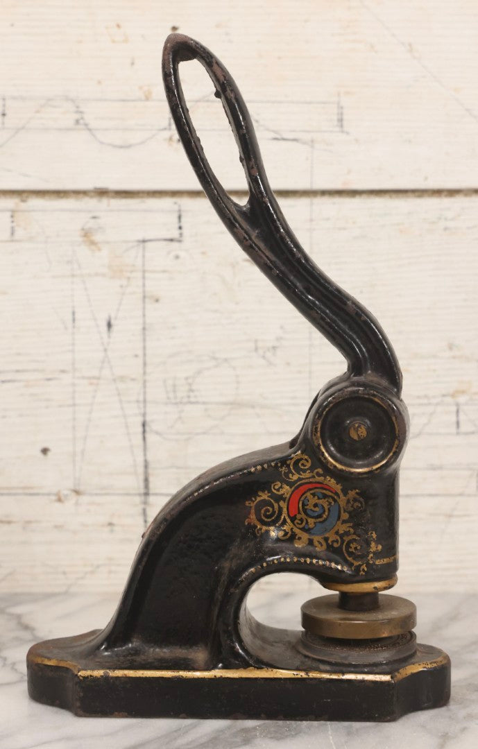 Lot 079 - Antique Cast Iron Embossed Seal Stamp Press With Hand Painted Decoration, Knights Templar Bellows Falls Commandery No. 368, 11-1/2" H