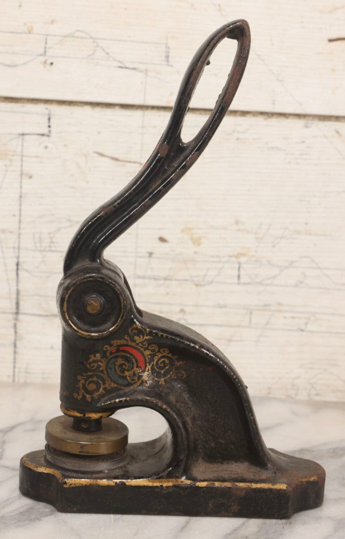 Lot 079 - Antique Cast Iron Embossed Seal Stamp Press With Hand Painted Decoration, Knights Templar Bellows Falls Commandery No. 368, 11-1/2" H