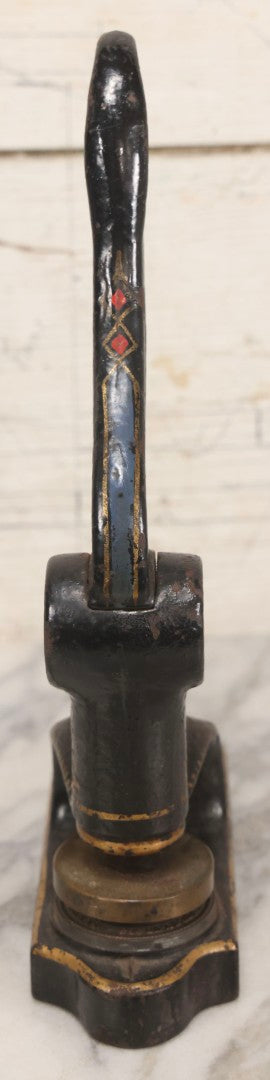 Lot 079 - Antique Cast Iron Embossed Seal Stamp Press With Hand Painted Decoration, Knights Templar Bellows Falls Commandery No. 368, 11-1/2" H