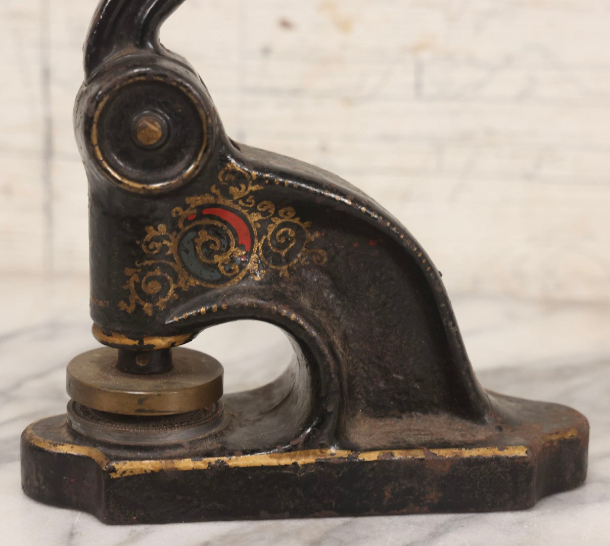 Lot 079 - Antique Cast Iron Embossed Seal Stamp Press With Hand Painted Decoration, Knights Templar Bellows Falls Commandery No. 368, 11-1/2" H