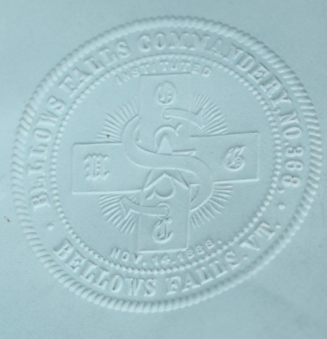 Lot 079 - Antique Cast Iron Embossed Seal Stamp Press With Hand Painted Decoration, Knights Templar Bellows Falls Commandery No. 368, 11-1/2" H