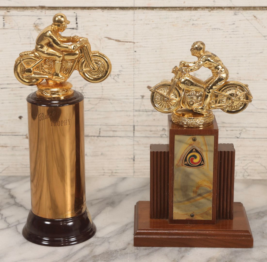 Lot 080 - Pair Of Vintage Motorcycle Trophies With Cast Metal Rider Finials, Including A.M.A. Badge And Buco Trophy