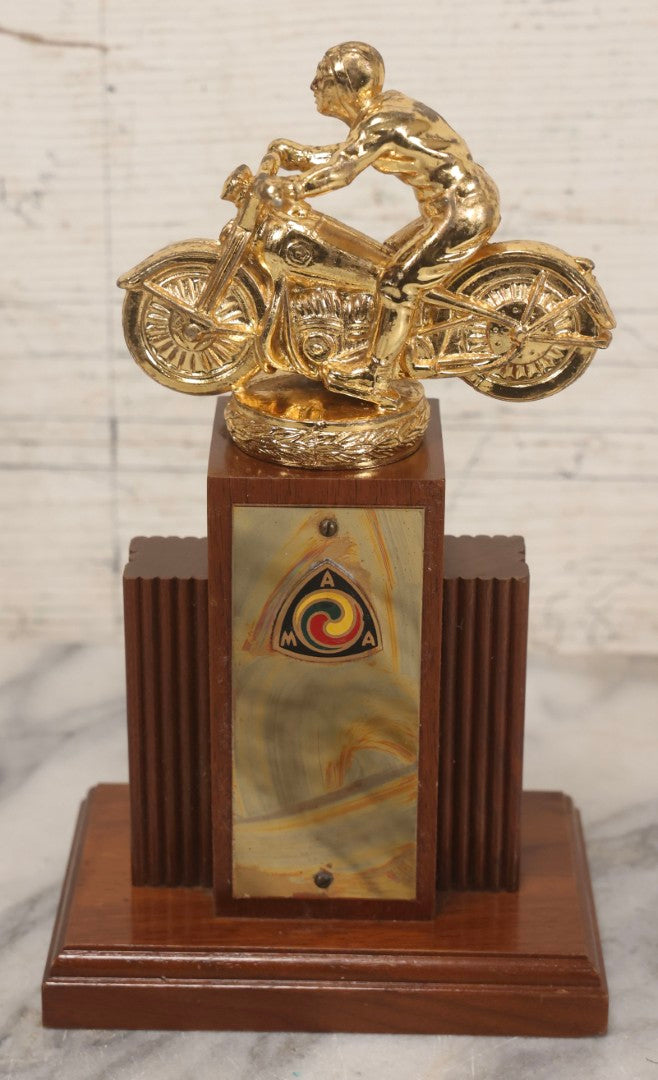 Lot 080 - Pair Of Vintage Motorcycle Trophies With Cast Metal Rider Finials, Including A.M.A. Badge And Buco Trophy