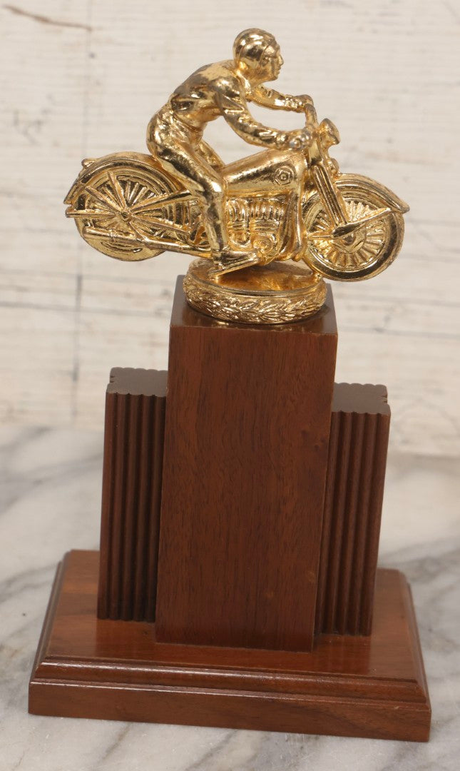 Lot 080 - Pair Of Vintage Motorcycle Trophies With Cast Metal Rider Finials, Including A.M.A. Badge And Buco Trophy