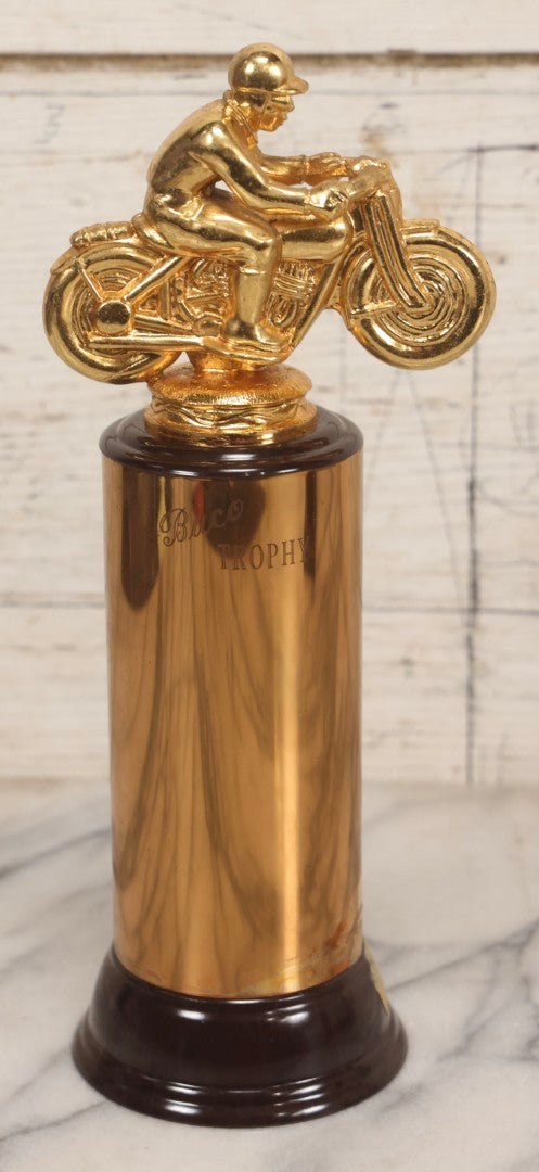 Lot 080 - Pair Of Vintage Motorcycle Trophies With Cast Metal Rider Finials, Including A.M.A. Badge And Buco Trophy