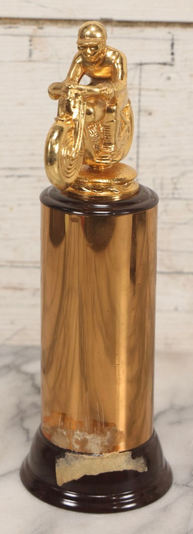 Lot 080 - Pair Of Vintage Motorcycle Trophies With Cast Metal Rider Finials, Including A.M.A. Badge And Buco Trophy