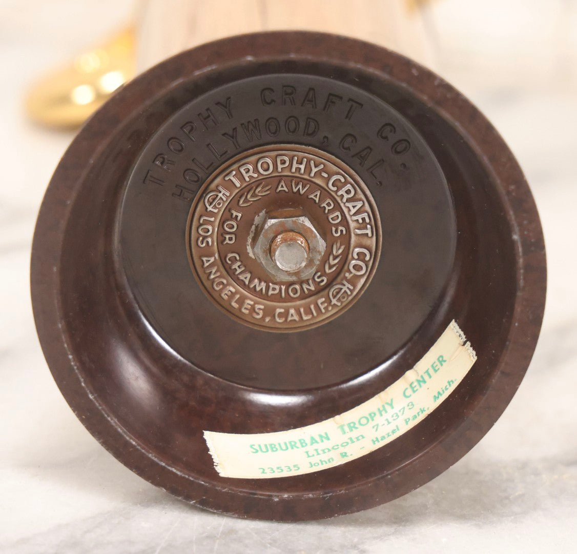 Lot 080 - Pair Of Vintage Motorcycle Trophies With Cast Metal Rider Finials, Including A.M.A. Badge And Buco Trophy