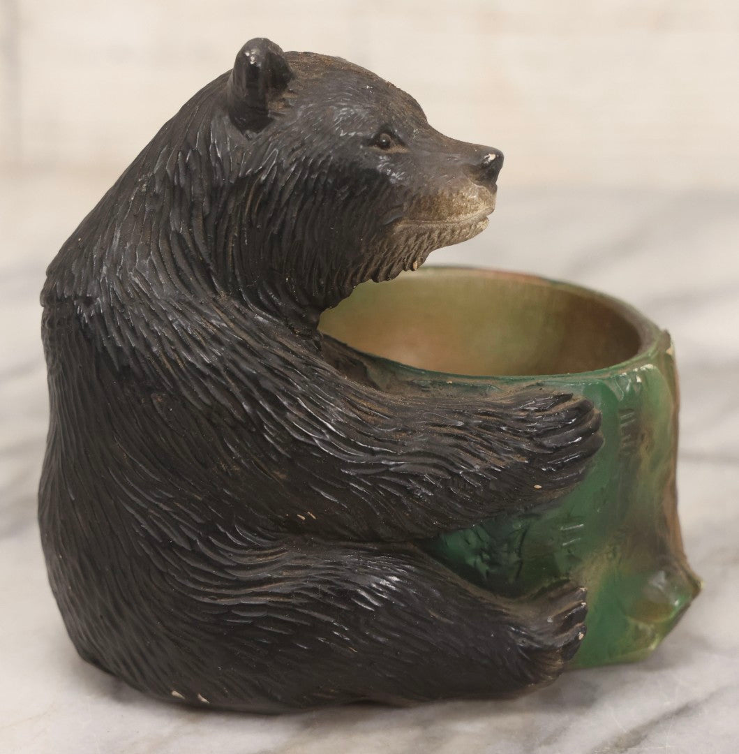 Lot 081 - Vintage Painted Chalkware Bear Figure With Tree-Stump Jar, 4-1/2" H